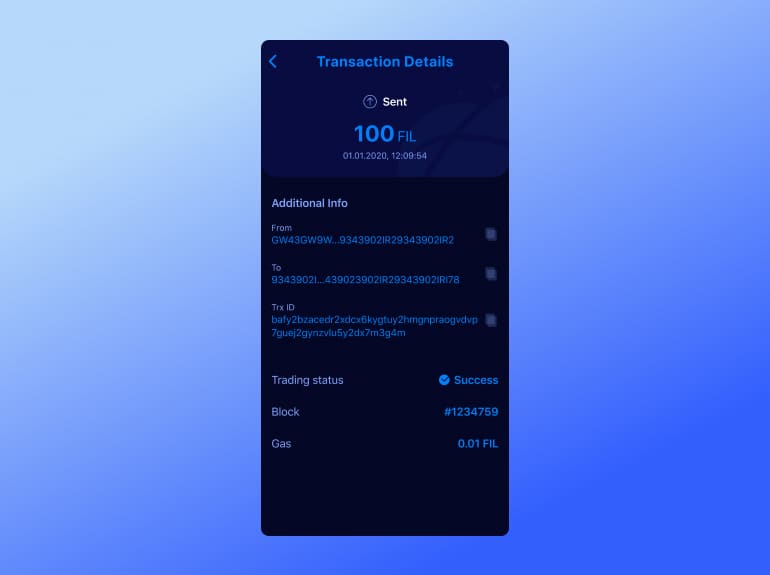 The UI of the transaction details page of FileStar